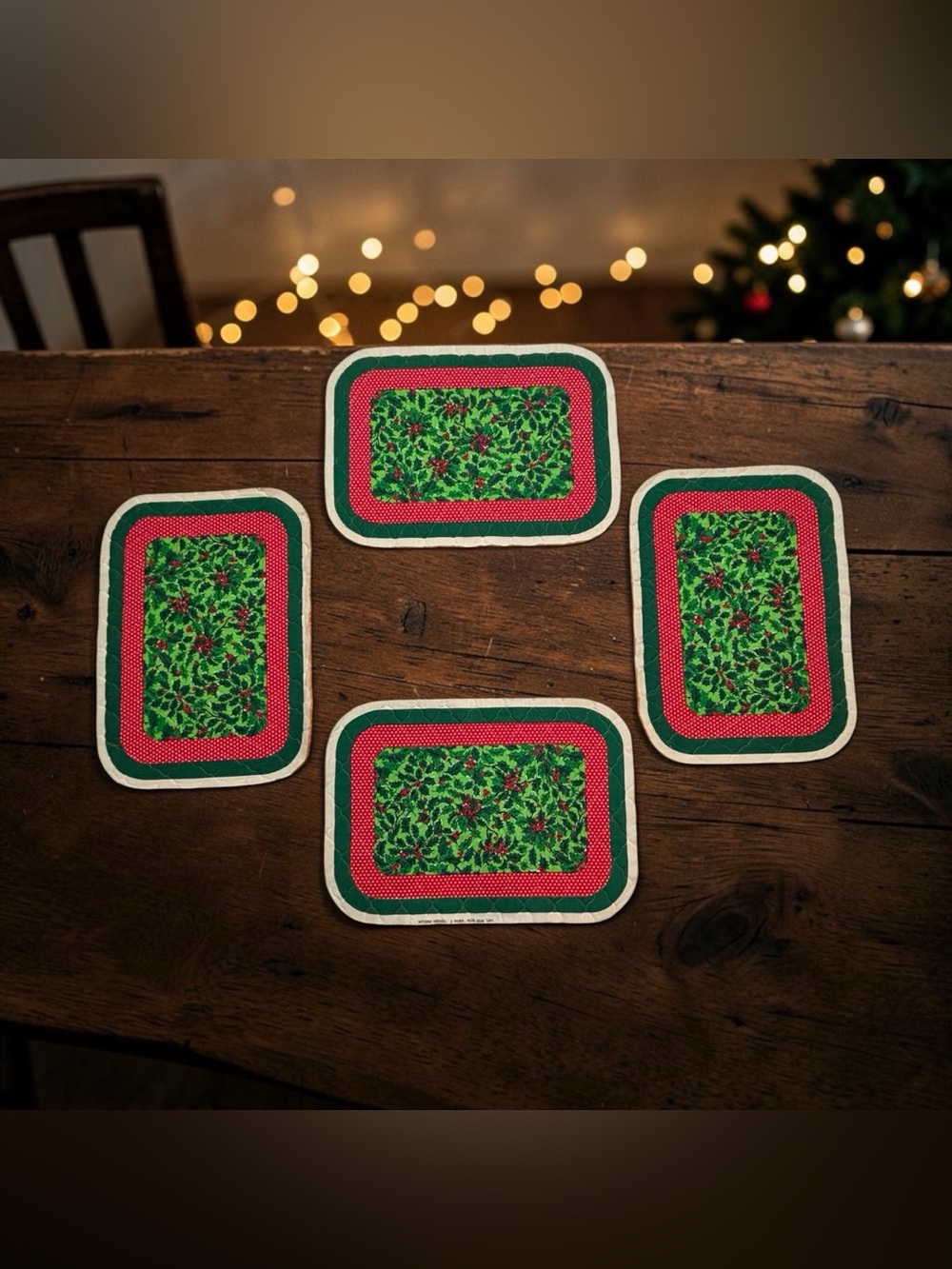 4 Spring Mills Christmas Placemats Quilted Padded UNFINISHED Needs Trim- Holly